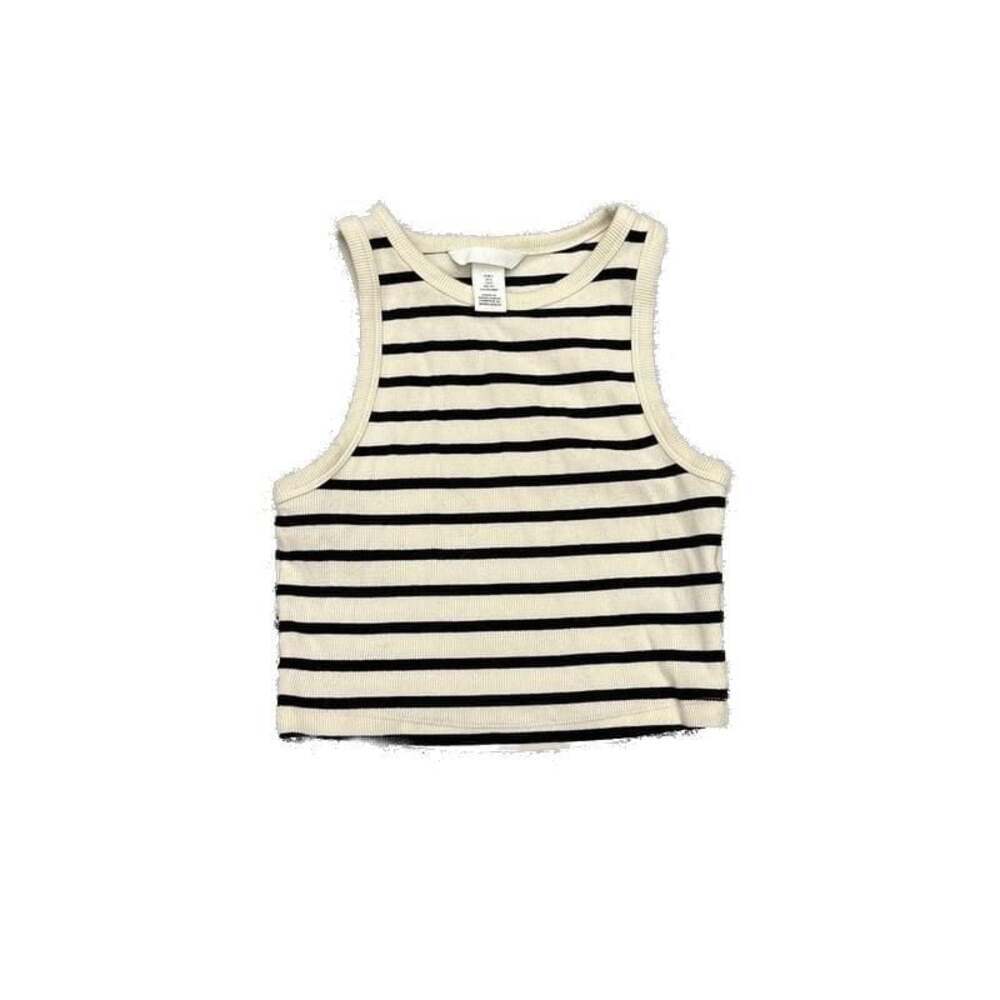 Cropped Ribbed Tank Top - Cream/black striped - Ladies